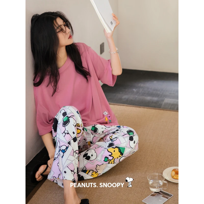 贝妍凉感睡衣女士夏季薄款纯棉短袖长裤套装甜美少女史努比家居服