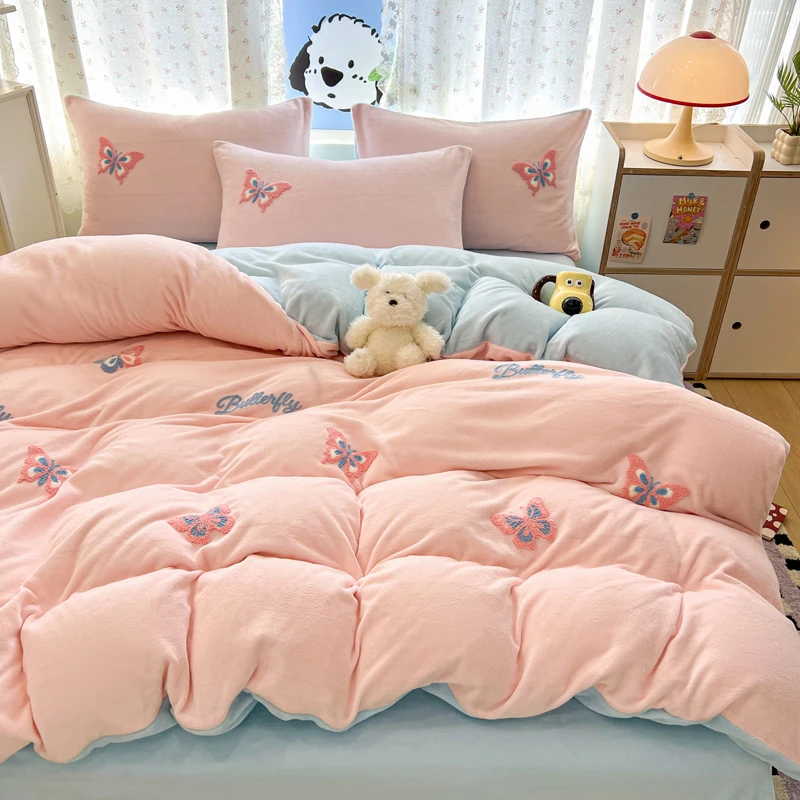 公主风毛巾绣牛奶绒床上四件套冬季珊瑚法兰绒床品被套床单三件套