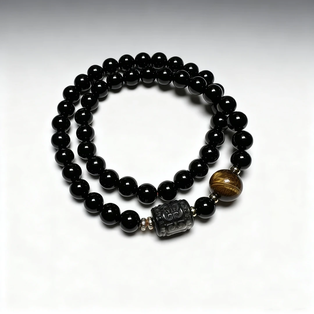 V26黑玛瑙黑曜石虎眼双圈手串（随机礼盒）
