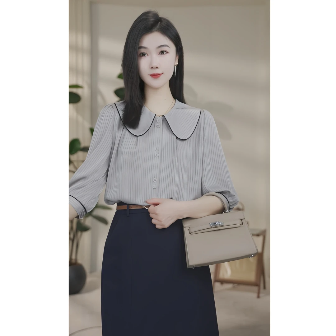 【南桥甄选】流光风8592475A鸽灰色女设计感小众气质宽松洋气衬衫