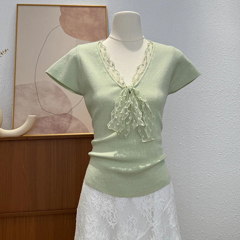 纯欲风夏天绿色上衣女夏季蕾丝系带针织衫穿搭蝴蝶结纯色短袖T恤