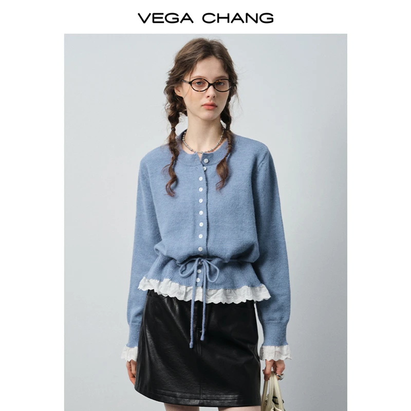VEGACHANG【甜系回暖】毛针织衫女2025新款秋季蕾丝花边上衣0372LW