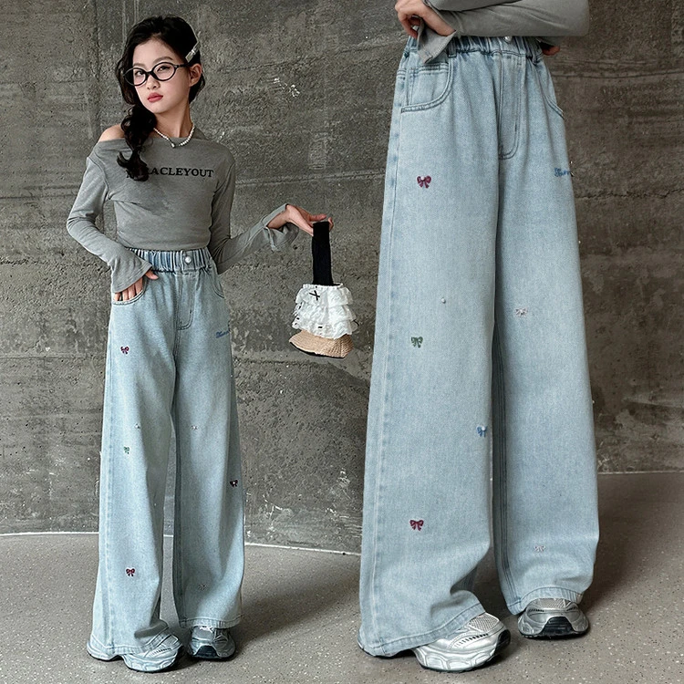 女童春秋季牛仔裤2025新款时尚女孩韩系中大童洋气蝴蝶结牛仔长裤