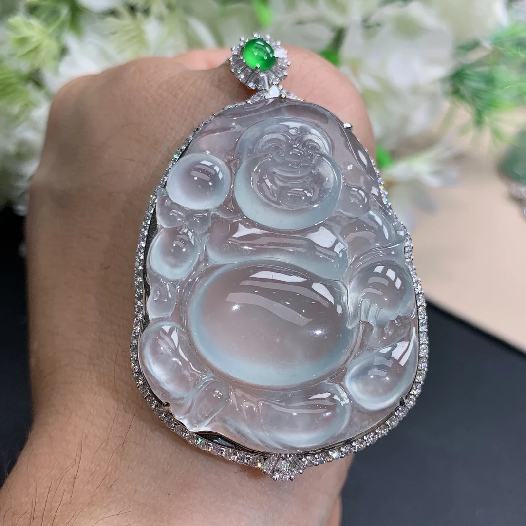 尺寸58.6×36.1×11.1缅甸天然翡翠A货18k金高冰玻白月光布袋佛吊坠