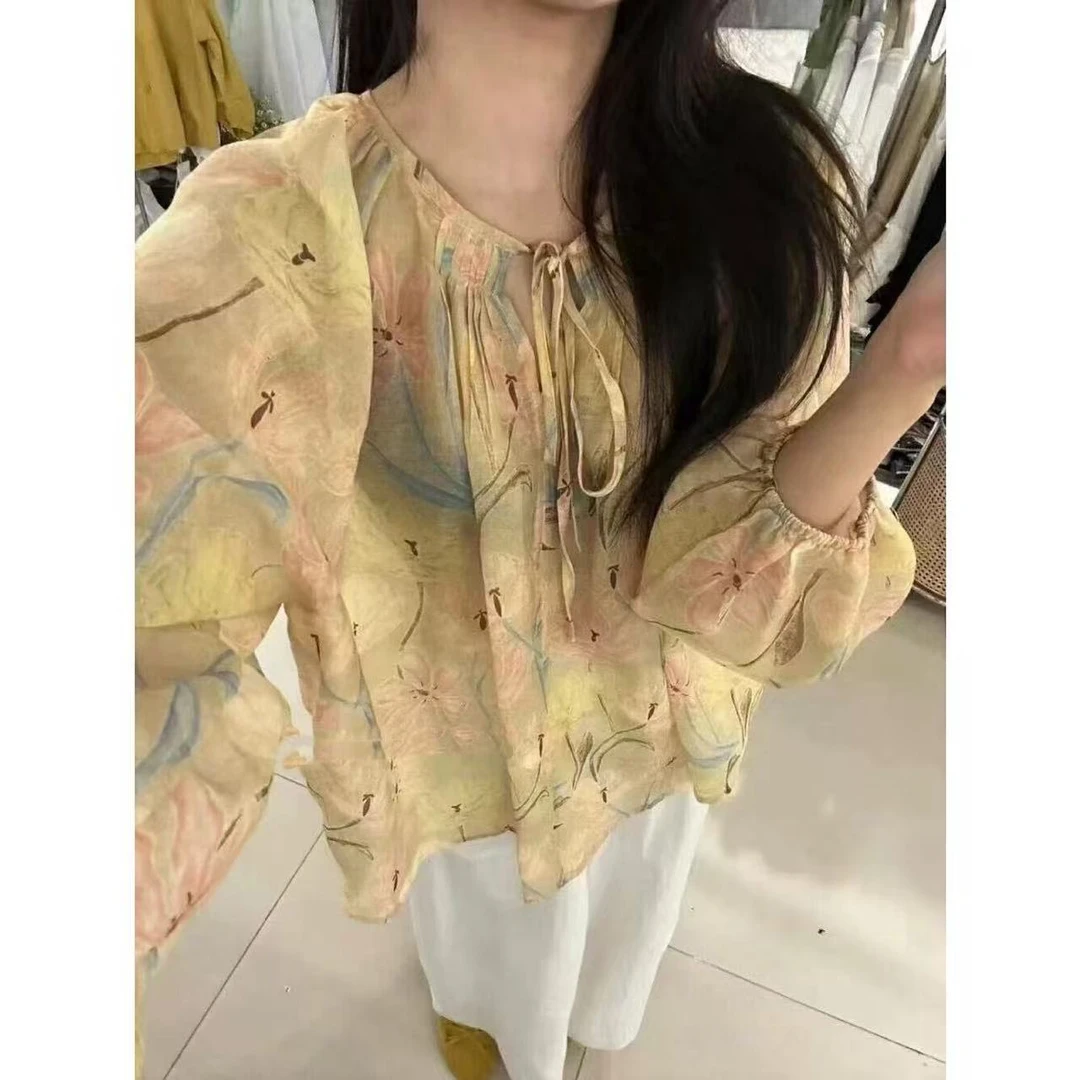 春夏2025年韩版十三行圆领系带宽松森系碎花淑女度假风防晒衬衫