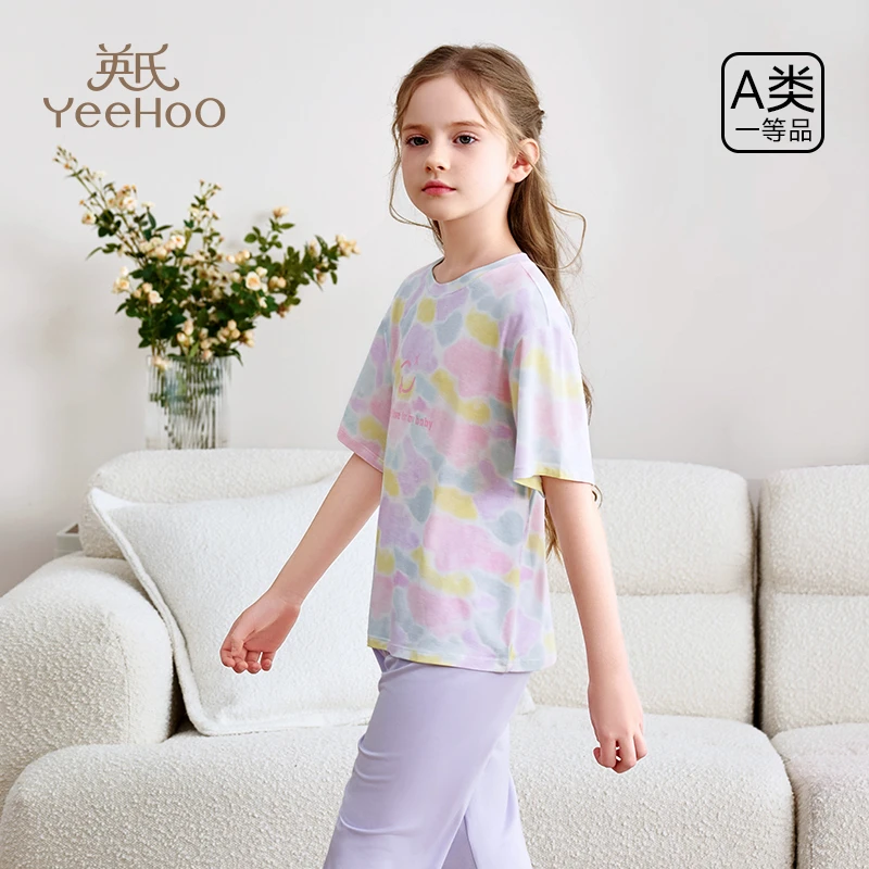 英氏儿童睡衣套装女童夏季轻薄透气空调服中大童舒适短袖家居服