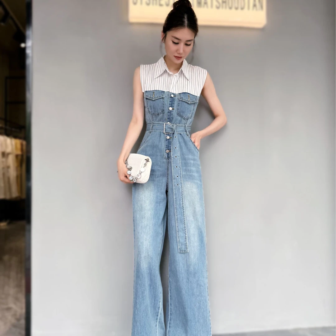 【JY】2025夏季新款港风POLO领知性拼接牛仔连体裤连身阔腿长裤女
