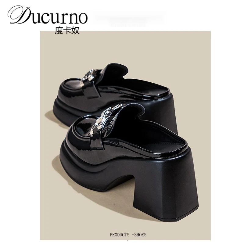 包头半拖鞋女夏外穿时尚百搭早秋粗跟厚底水钻半拖鞋薄款增高单鞋