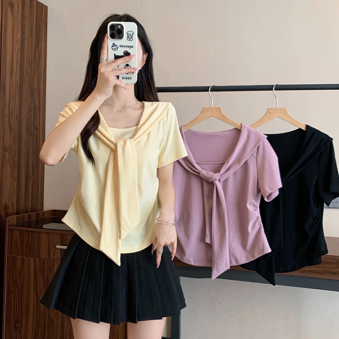 2025年大码女装设计感海军领纯欲风短袖T恤上衣