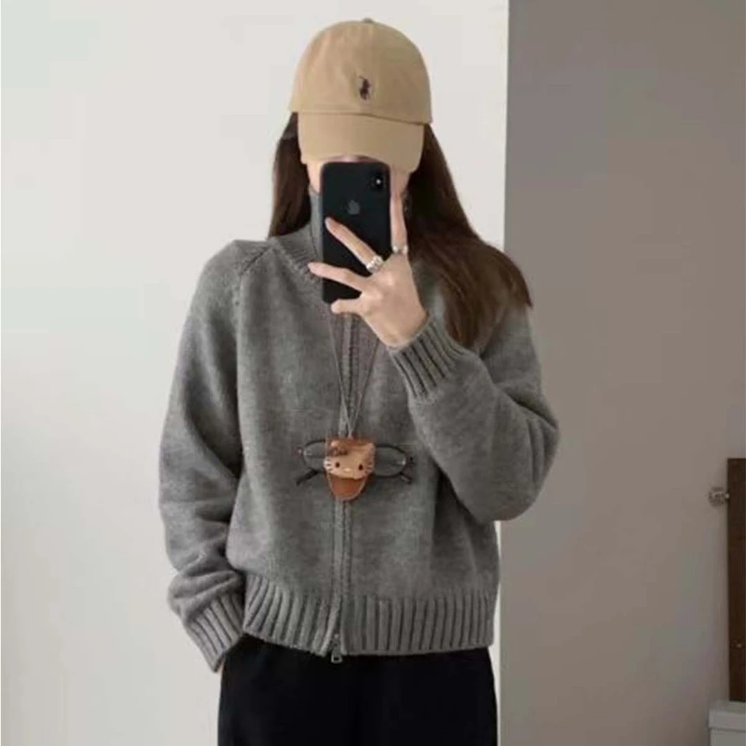 【现货】慵懒风双拉链立领针织衫女春秋新款设计感简约外套上衣女