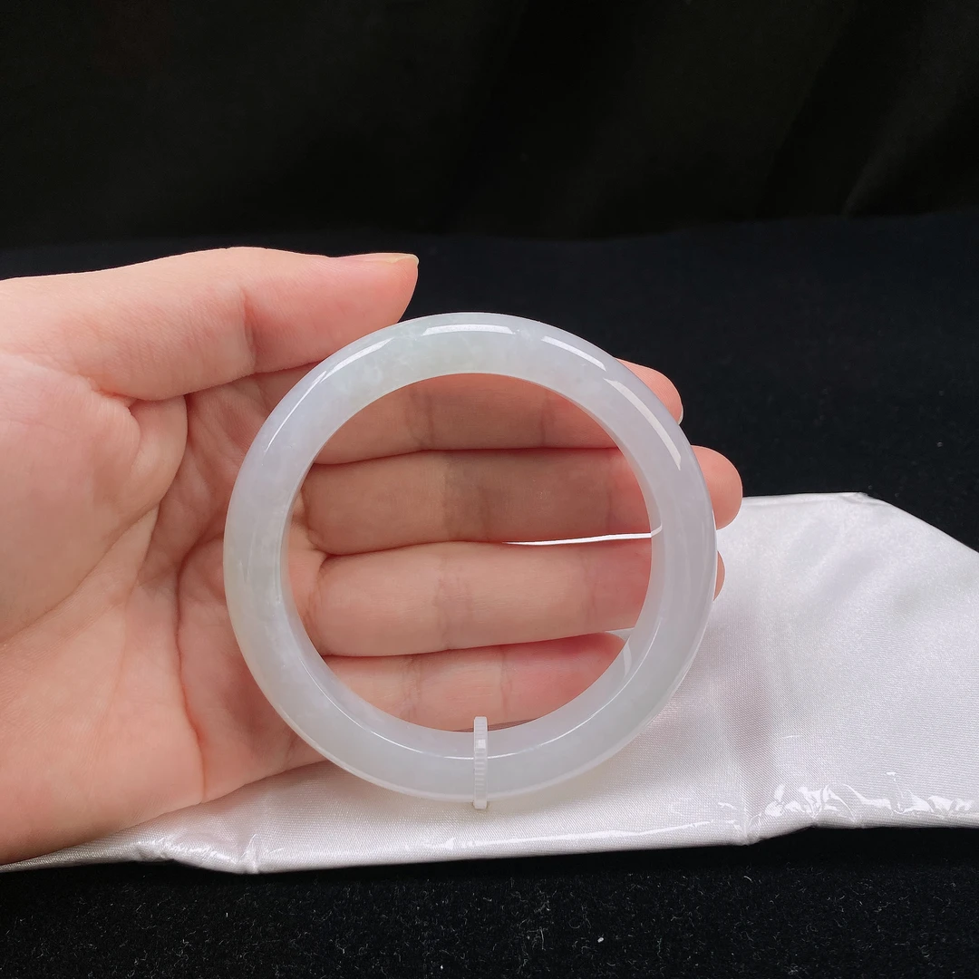 57圈口缅甸翡翠A货老坑老料糯冰冰白月光厚装正圈玉镯子正品珠宝