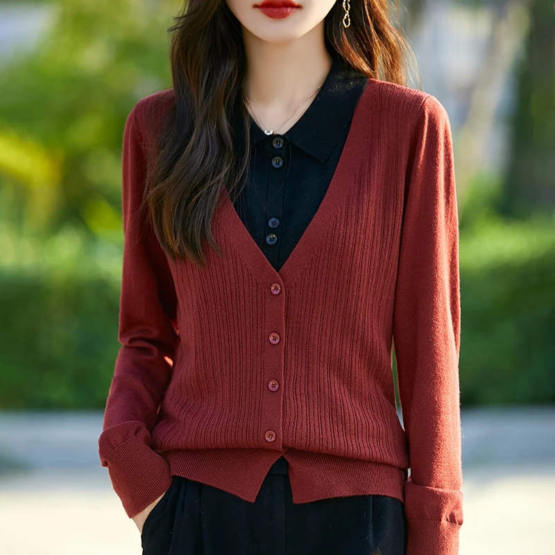 哥弟阿玛施正品秋季新款长袖翻领假两件毛针织衫T恤时尚显瘦上衣