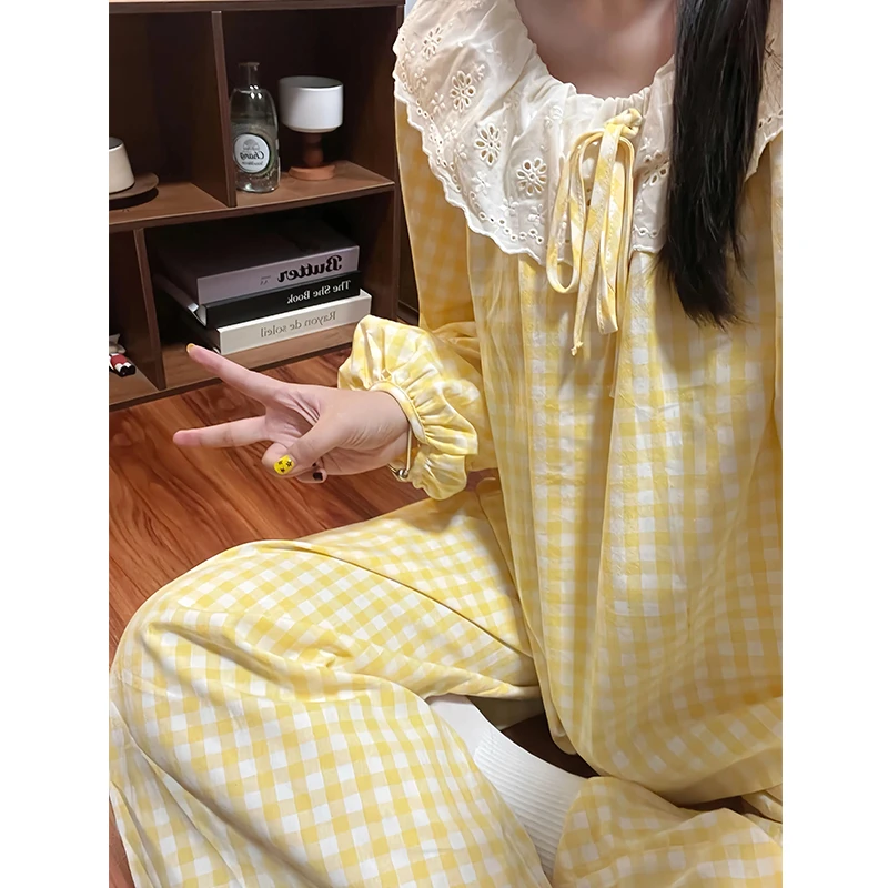 甜美黄色格子蕾丝花边蝴蝶结绑带圆领套头娃娃领睡衣女家居服套装