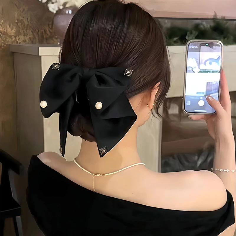 复古缎面蝴蝶结抓夹女高级感气质优雅低马尾夹后脑勺夹子头饰发夹