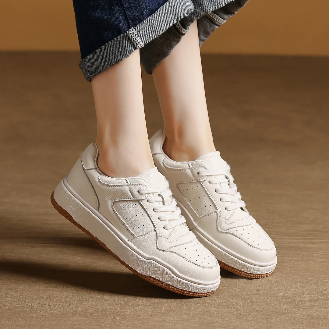 头层牛皮厚底小白鞋女2025新款春秋百搭板鞋复古休闲韩版阿甘鞋子