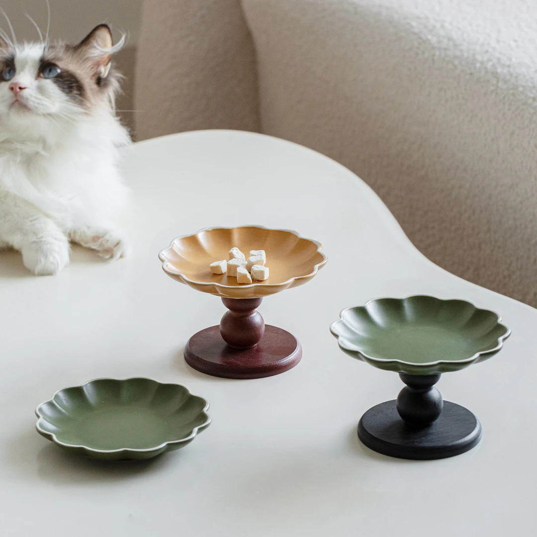 复古风陶瓷高脚宠物猫碗护颈防打翻猫咪食盆中式精致罐头零食碟子