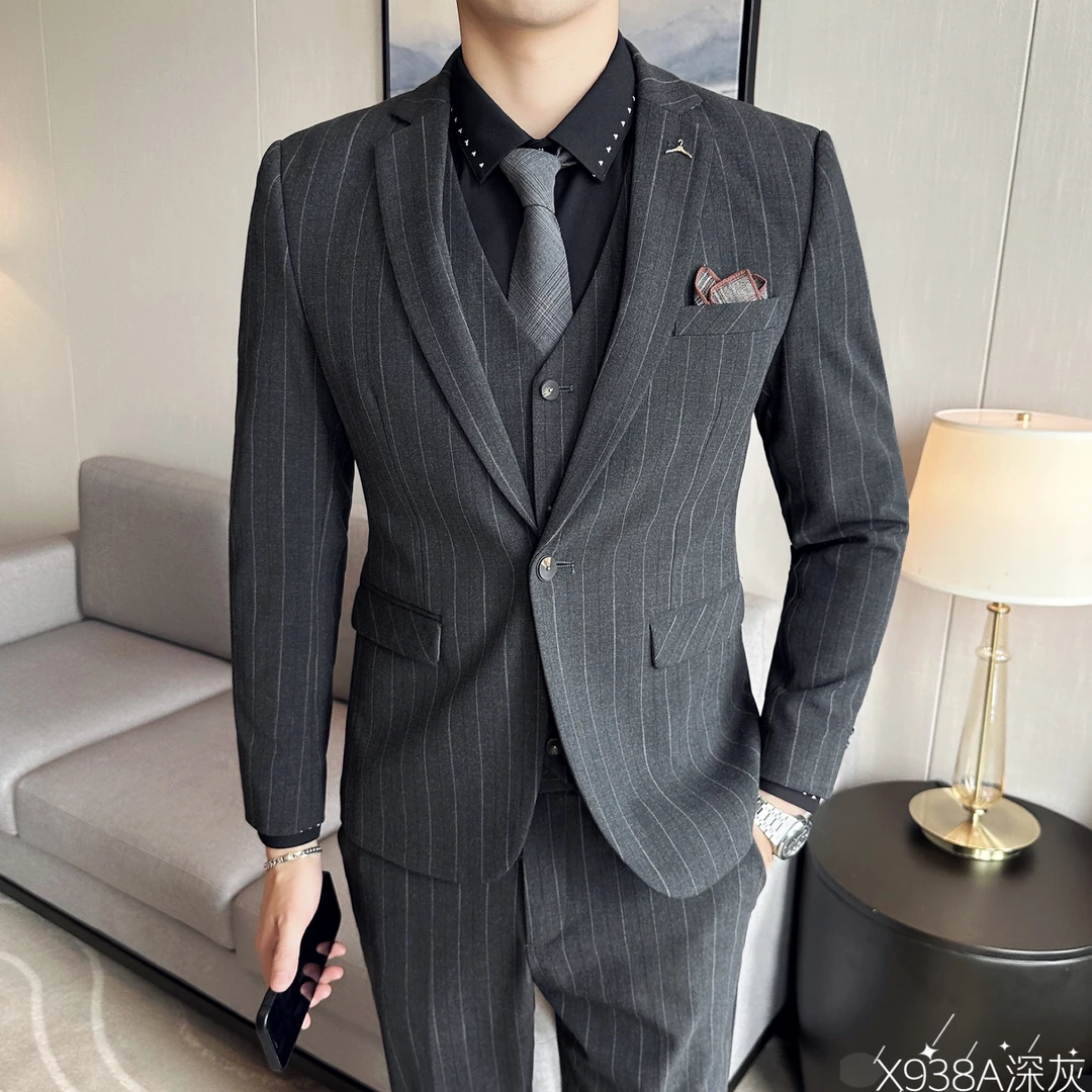 男士西服休闲商务正装条纹外套修身伴郎新郎结婚礼服免烫西装T3