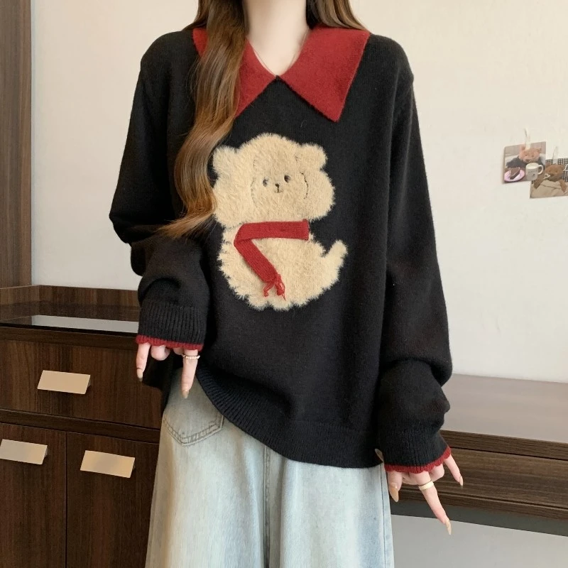 卡通图案毛衣女春秋2025大码胖mm时髦洋气减龄上衣翻领打底针织衫