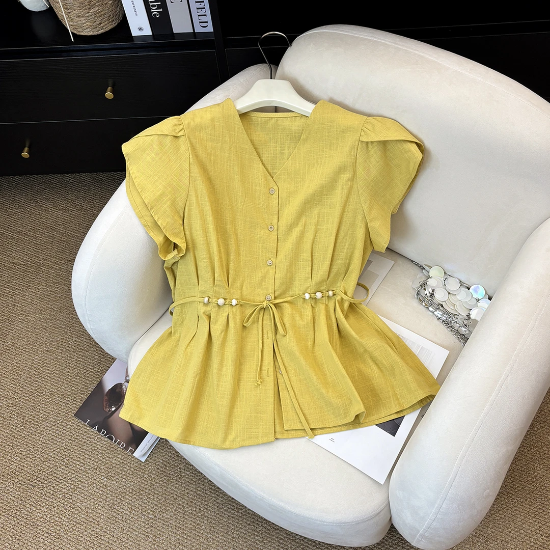 韩系V领宽松花苞袖衬衫女夏季新款时尚短袖上衣单排扣收腰小衫