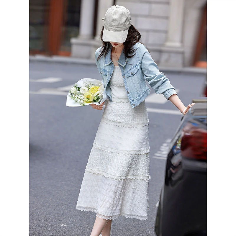 苏醒的乐园百搭毛边长袖开衫牛仔外套高腰长款蛋糕裙两件套装