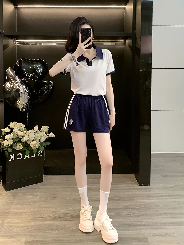 JK制服学生套装夏季学院刺绣polo衫短袖T恤宽松运动休闲短裤套装