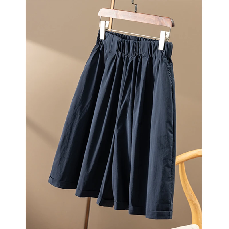 春天家 高定藏青 意D利M+高品质纯棉松紧腰阔腿五分/中裤女9W80