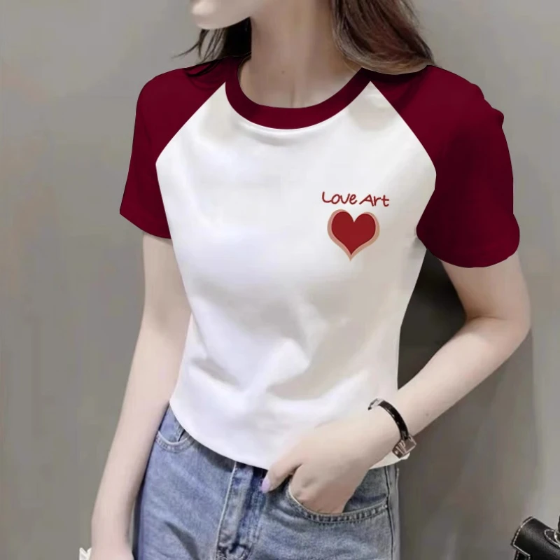 正肩短袖t恤女夏季修身显瘦半袖体恤衫爱心印花撞色插肩拼接上衣