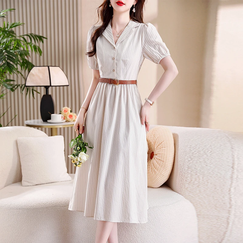 法式条纹POLO裙简约夏季新款高级感洋气显瘦气质收腰连衣裙9774