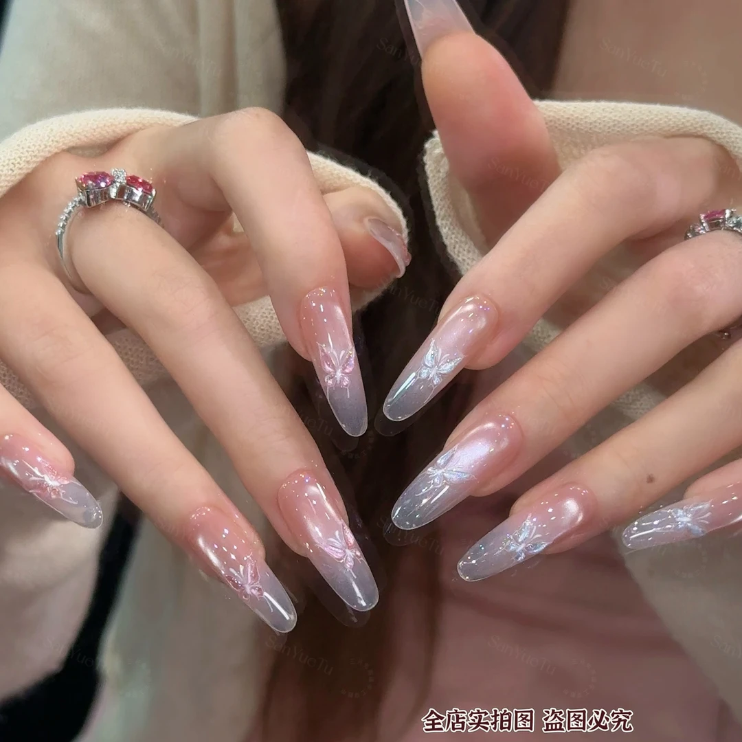 蝶影月华-三月兔显白猫眼手绘立体蝴蝶美甲手工定制纯欲穿戴甲