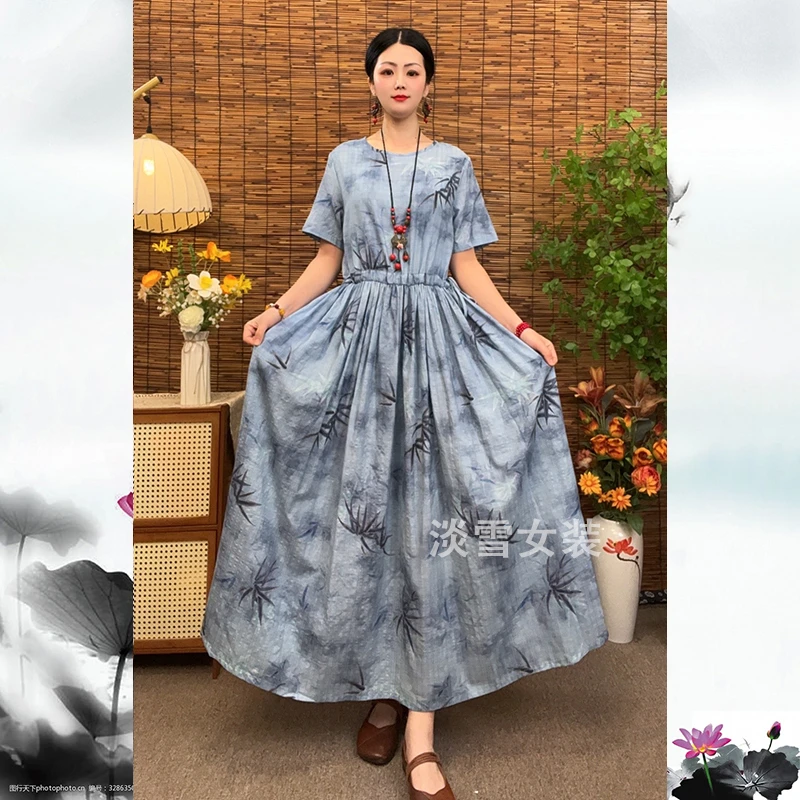 连衣裙夏季时尚洋气衣服女装短袖复古收腰长款抽绳显瘦大摆裙子