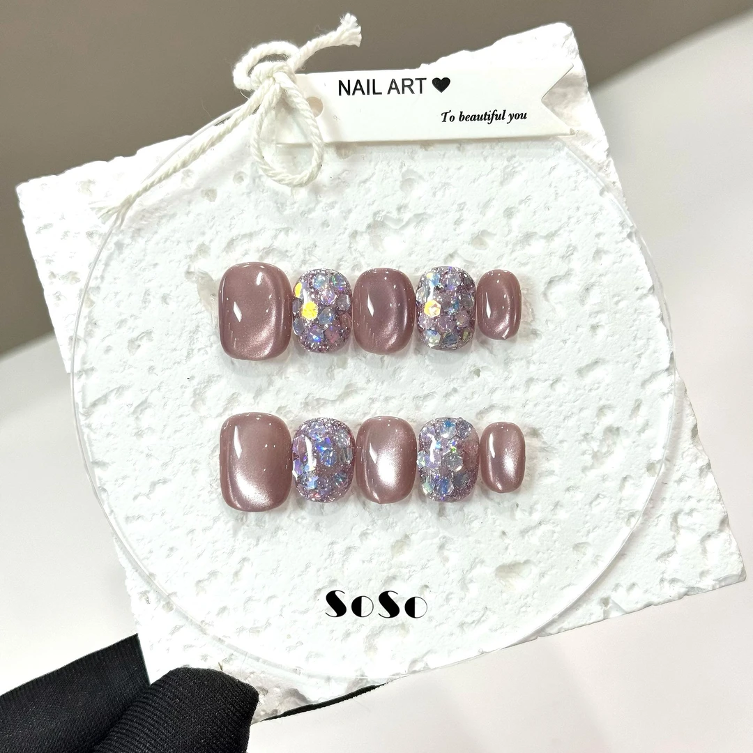 Nice SoSo【梦璃】纯手工穿戴甲纯欲手绘裸色猫眼亮片爆闪跳色超闪