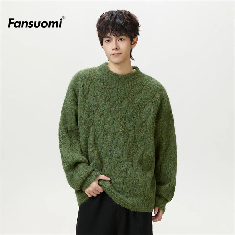 范索米圆领复古百搭纯色毛衣男秋冬季质感慵懒风套头针织衫外套