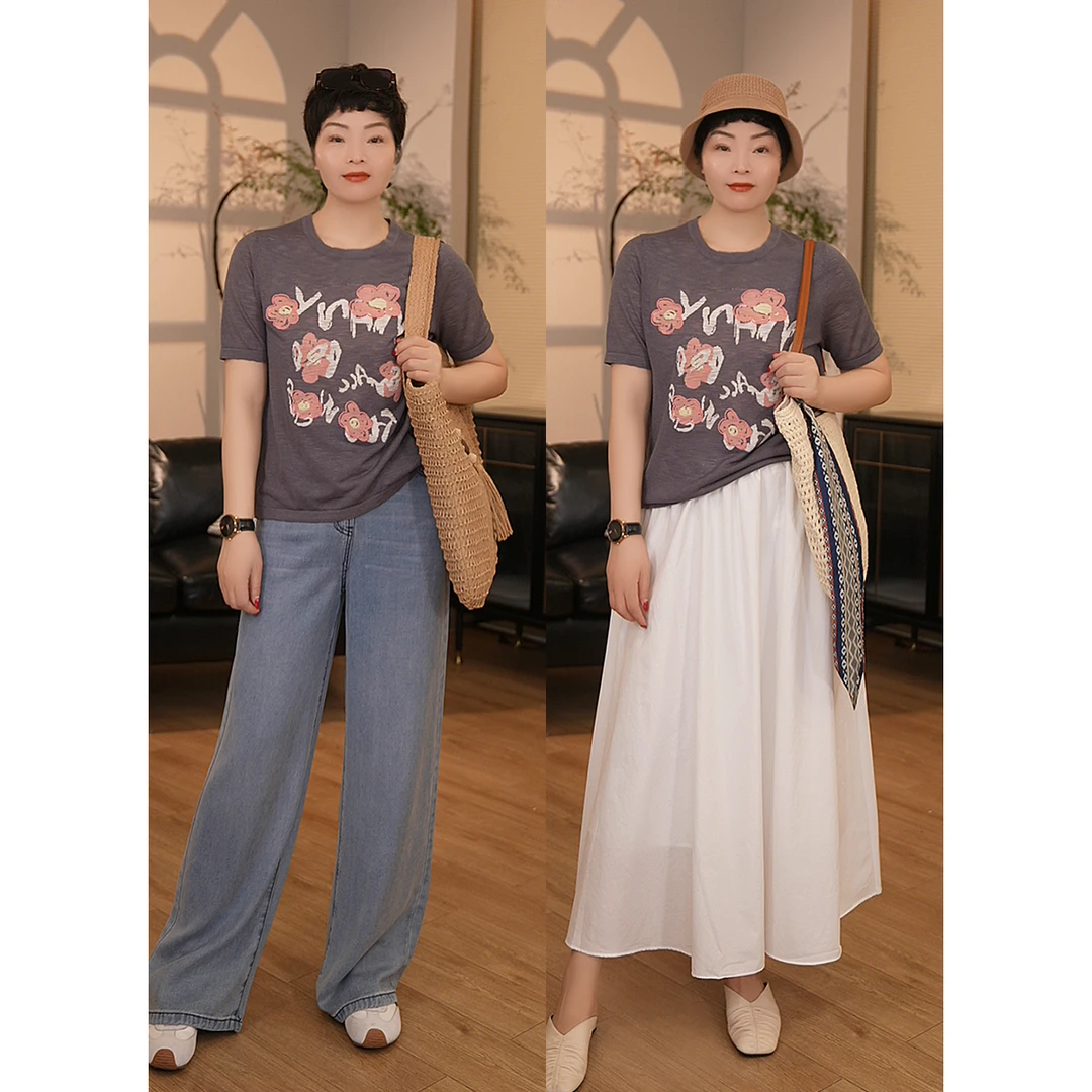 【珍姐】繁花似锦 夏季宽松百搭立体提花竹节麻圆领针织短袖DC5801