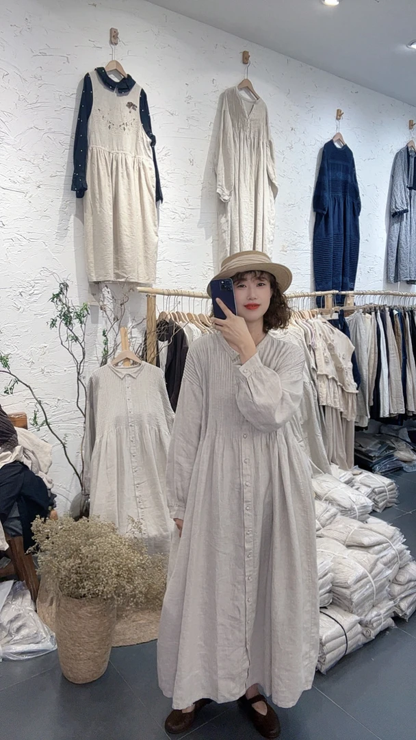 棉之麻（自制款）亚麻长袖风琴褶宽松文艺复古森系连衣裙