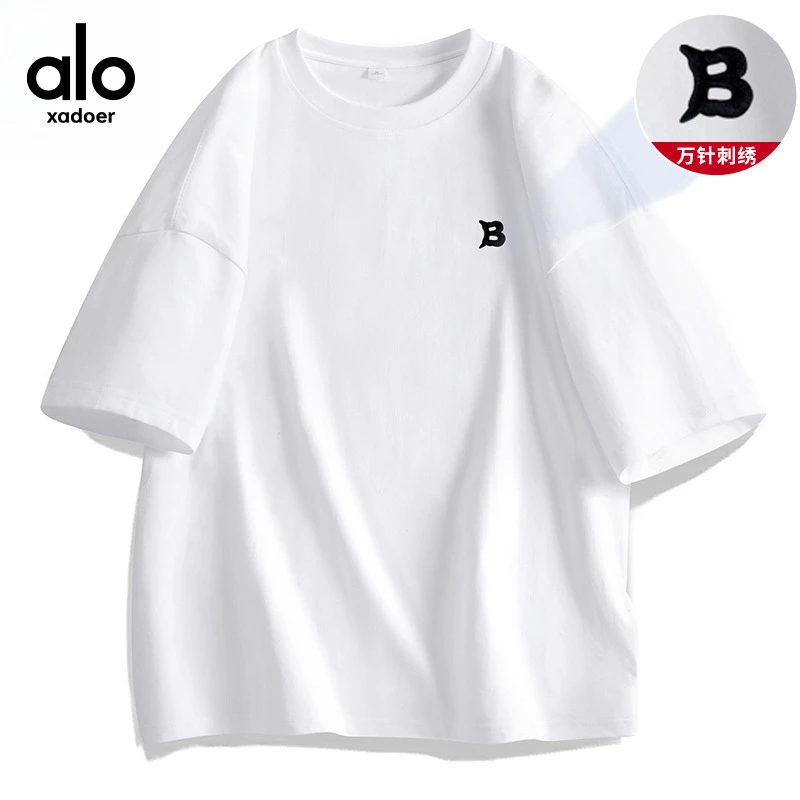Aloxadoer7A抗菌夏季新款男士纯棉短袖潮流百搭圆领刺绣半袖t恤男