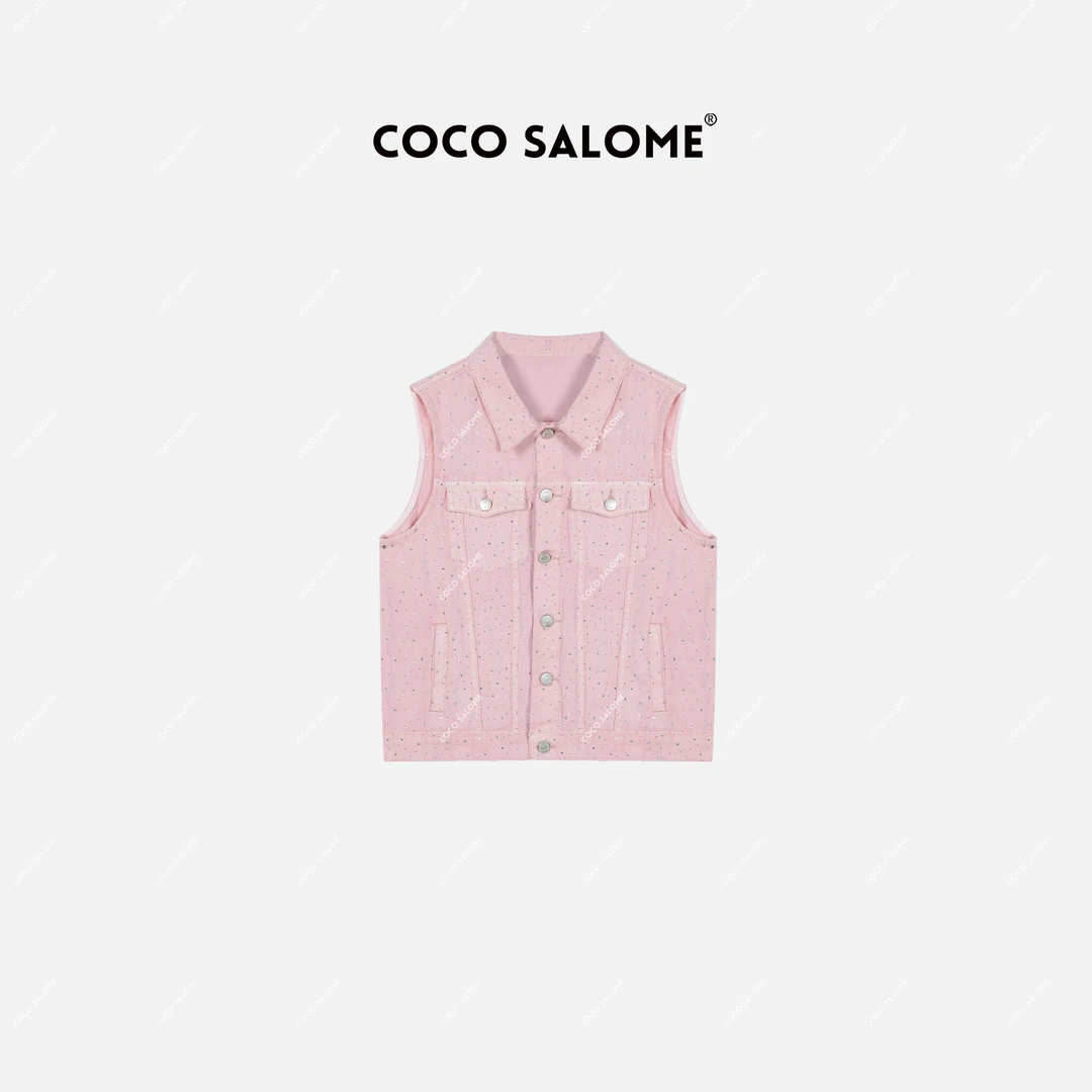 COCOSALOME⒁【粉钻】春季100棉重工满钻国风休闲粉色简约马甲1866