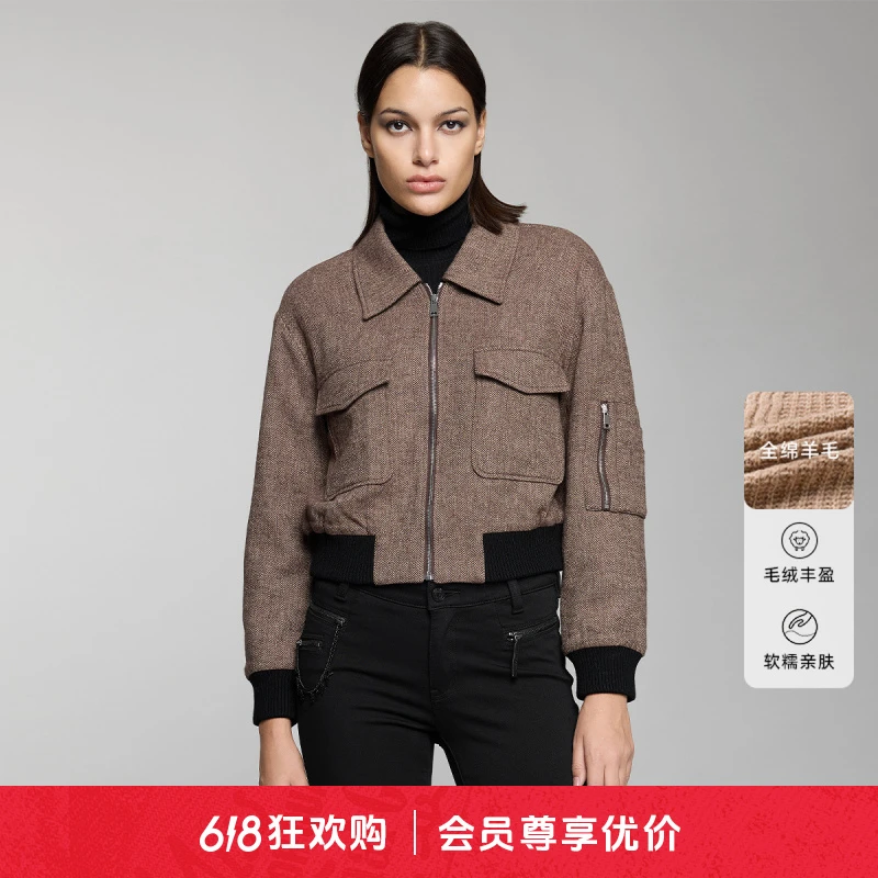 Miss Sixty呢料外套女Polo领拼色拉链显瘦短款复古气质美拉德穿搭