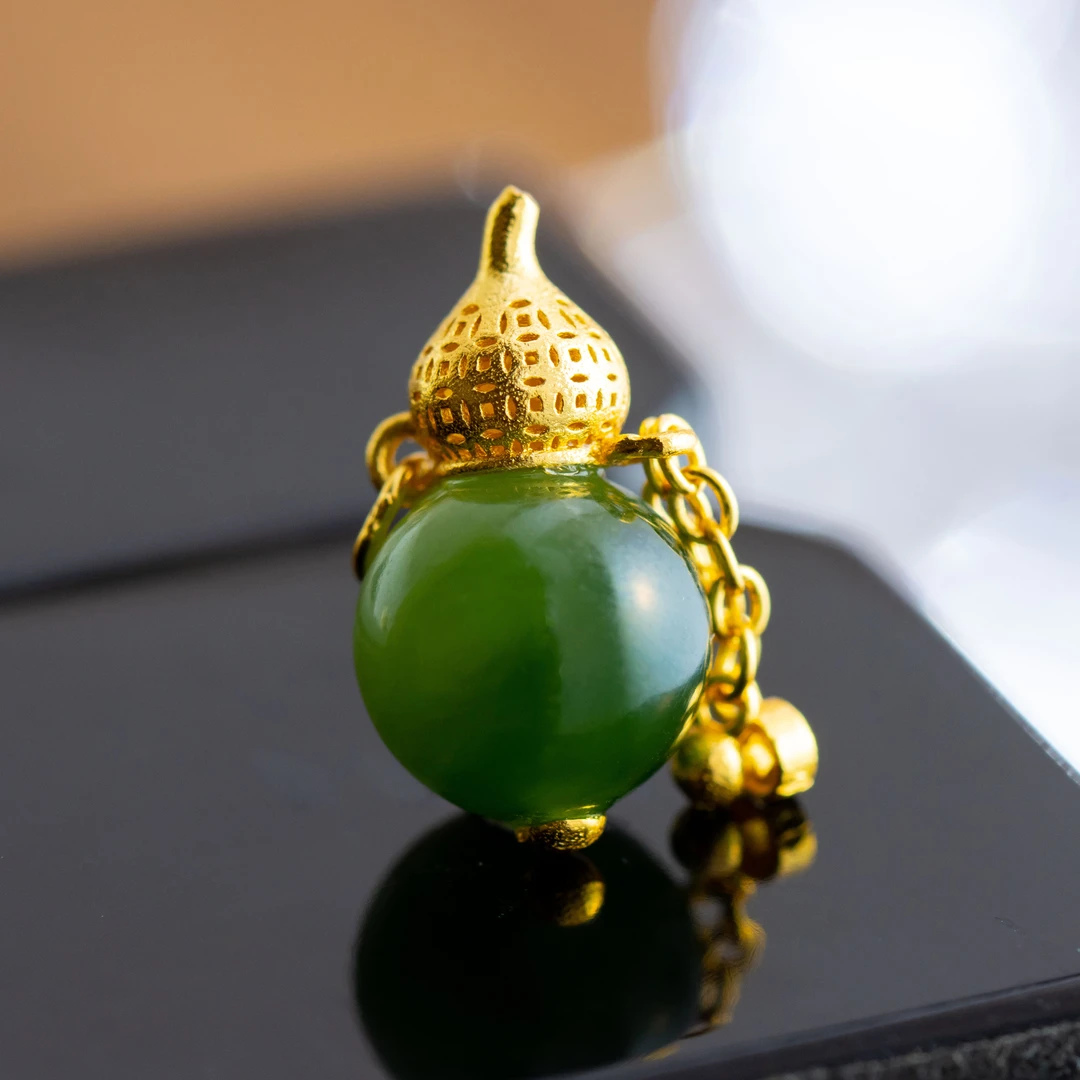 S925银镀金镶嵌和田玉碧玉葫芦造型国潮国风女款吊坠 不含链