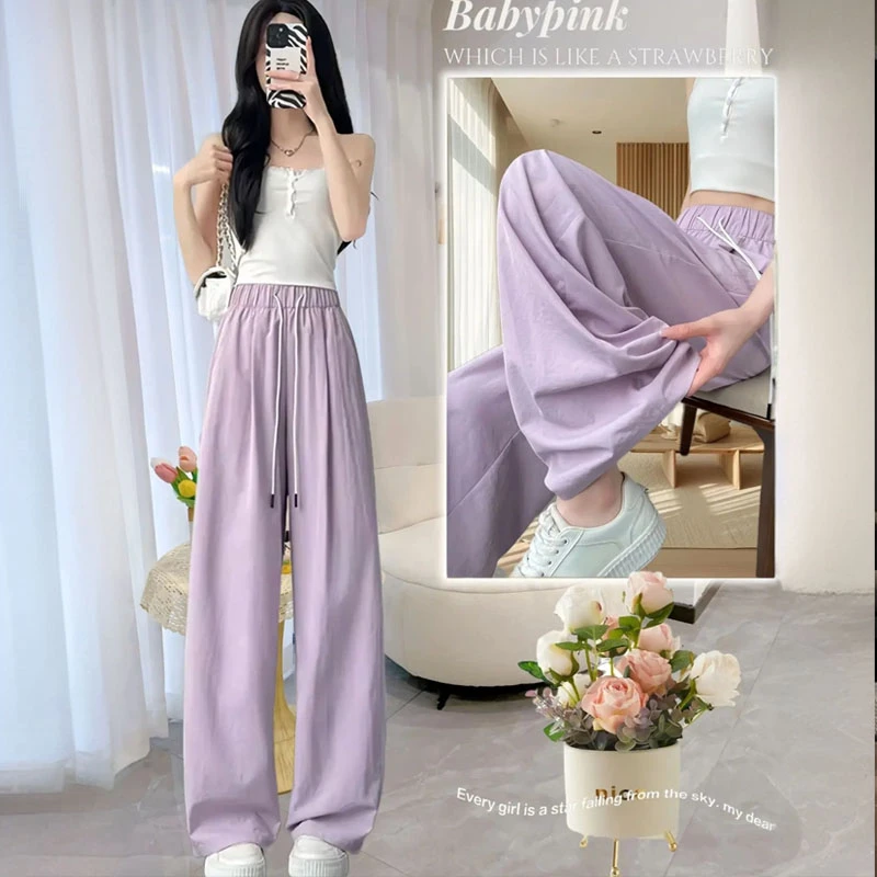 冰丝运动阔腿裤女夏季薄款2025新款爆款高腰垂感宽松香蕉弯刀裤子