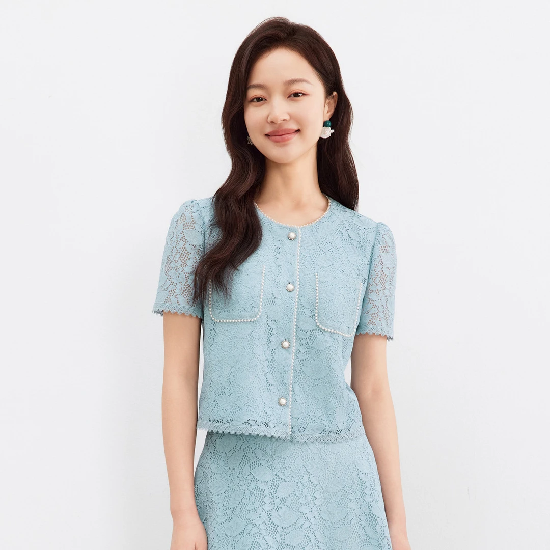 【KK专属】夏季小香风碎花气质蓝色时尚镂空提花高级感雪纺衫女