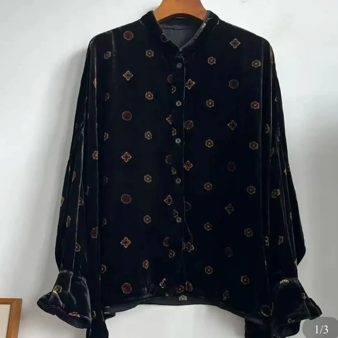 慢慢变蓝荼系列332229 桑蚕丝混纺细腻顺滑立领衬衫 荼