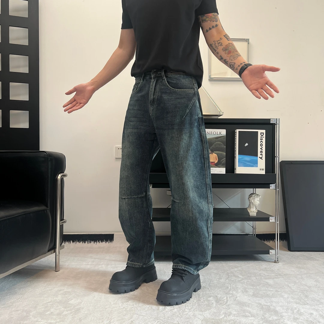 美式高街牛仔裤男弯刀裤宽松直筒水洗男士牛仔裤秋冬裤子痞帅男裤