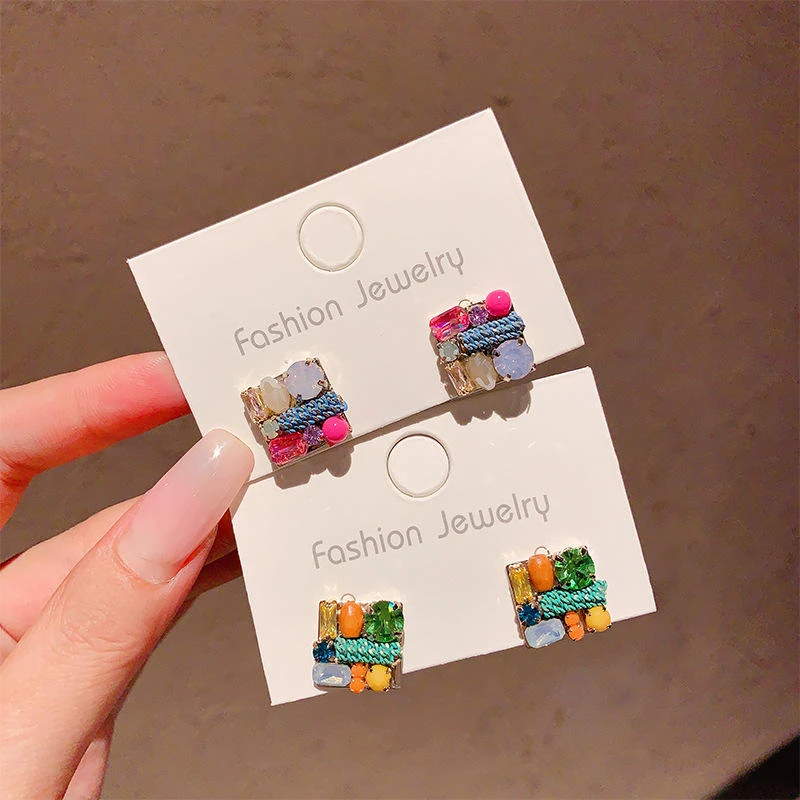 多巴胺彩色几何方形耳钉轻奢高级感时尚气质洋气耳饰耳环