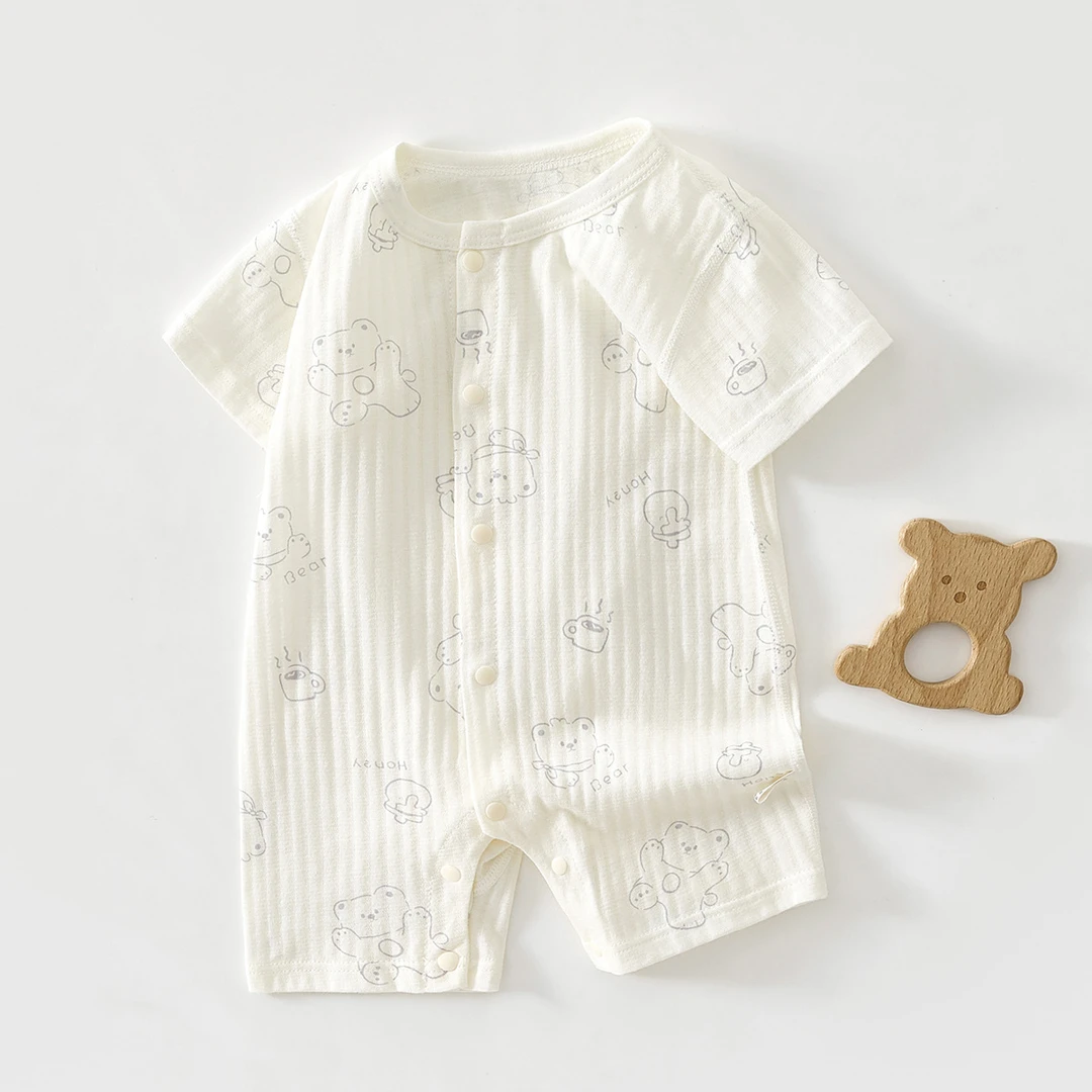 婴儿a类纯棉薄款短袖连体衣夏季新生儿家居服宝宝透气无骨爬爬服