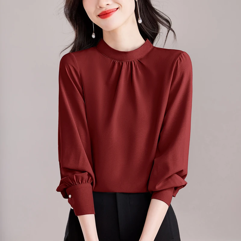 2025新品设计感系带小立领乱纹提花时尚女士长袖小衫雪纺衫潮464