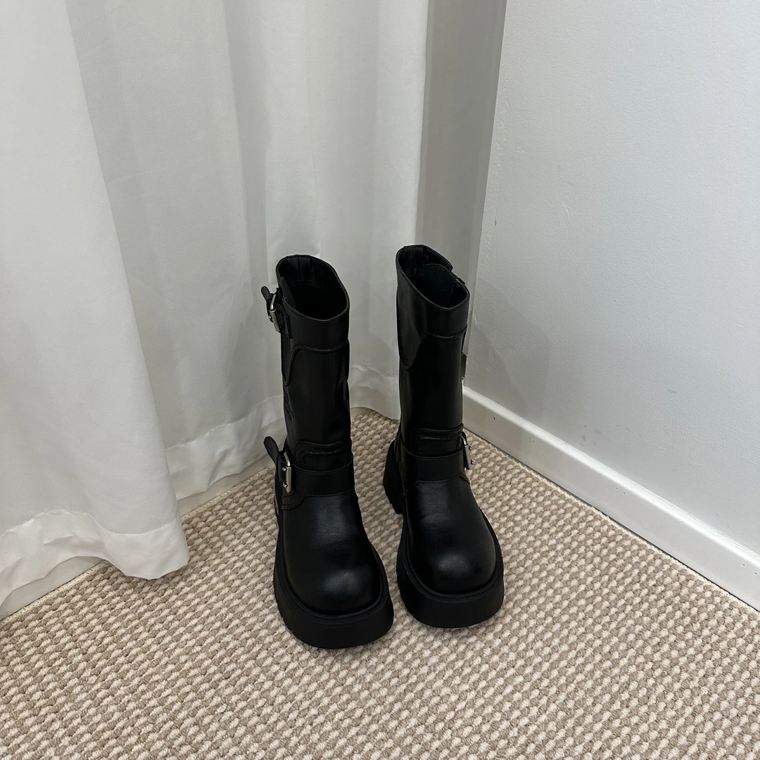 防滑圆头中筒皮带扣英伦马丁靴黑色秋季new vintage