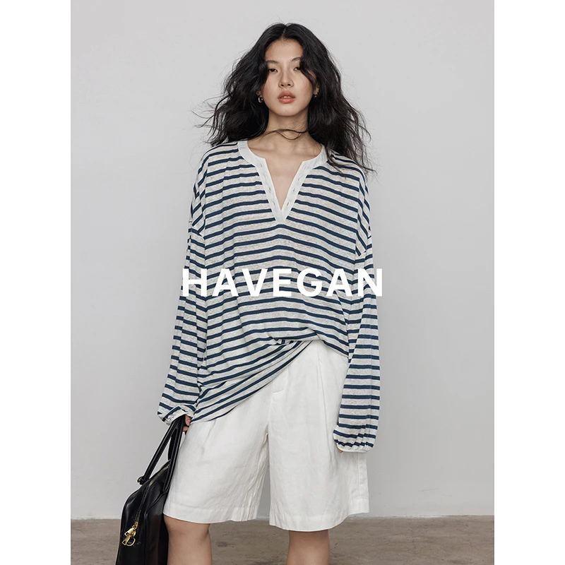 与间HAVEGAN/设计感v领条纹长袖T恤女夏季防晒薄款度假风上衣
