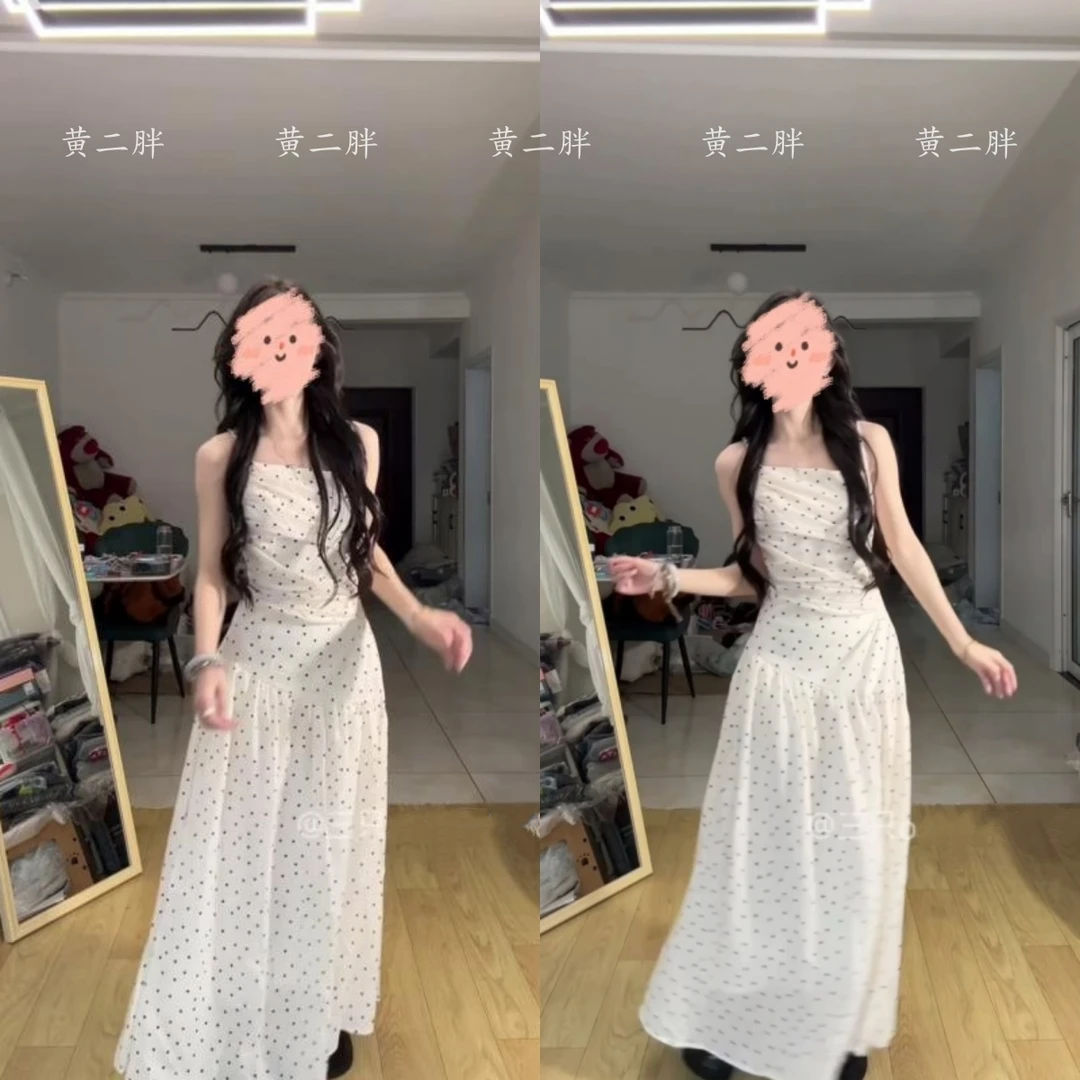 白色波点吊带连衣裙女辣妹收腰气质长裙茶歇温柔风度假海边裙2025