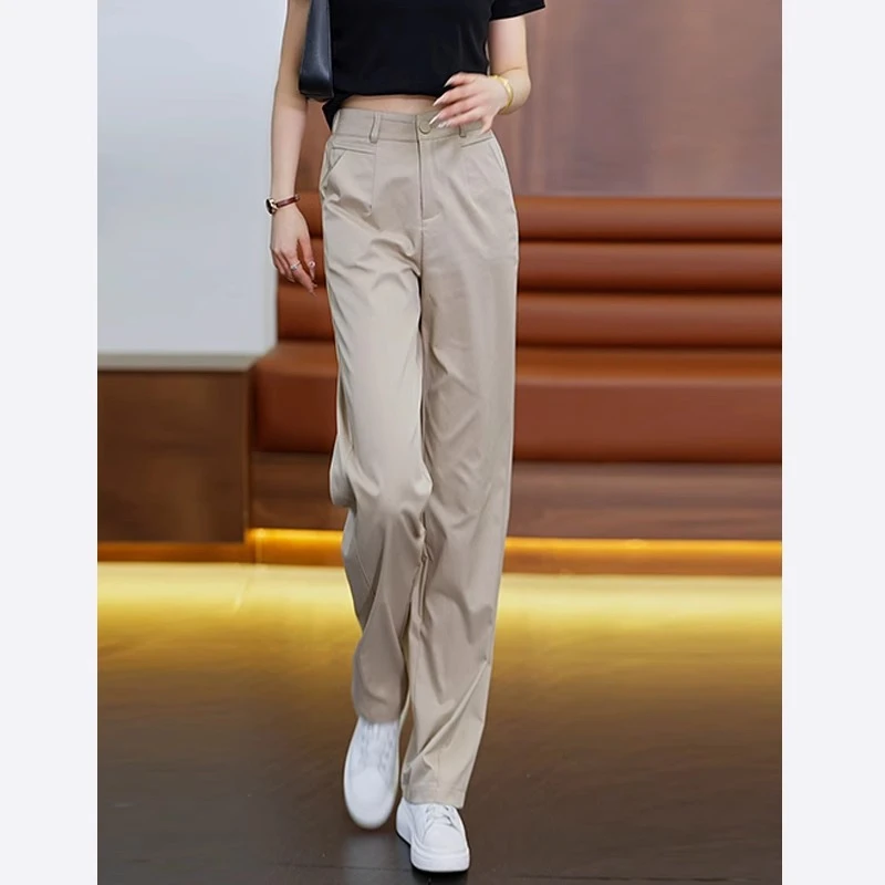 拉夏贝尔窄版弯刀裤女夏季薄款2025年高腰垂感显瘦百搭宽松直筒裤