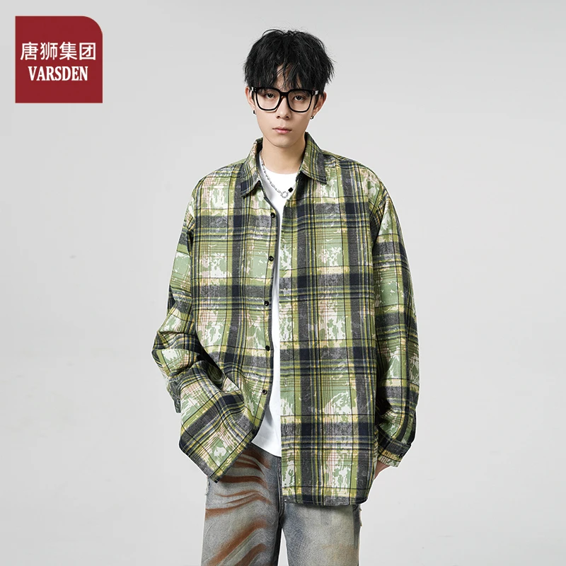 唐狮集团Varsden扎染涂鸦长袖衬衫男士秋季潮牌宽松休闲格子衬衣
